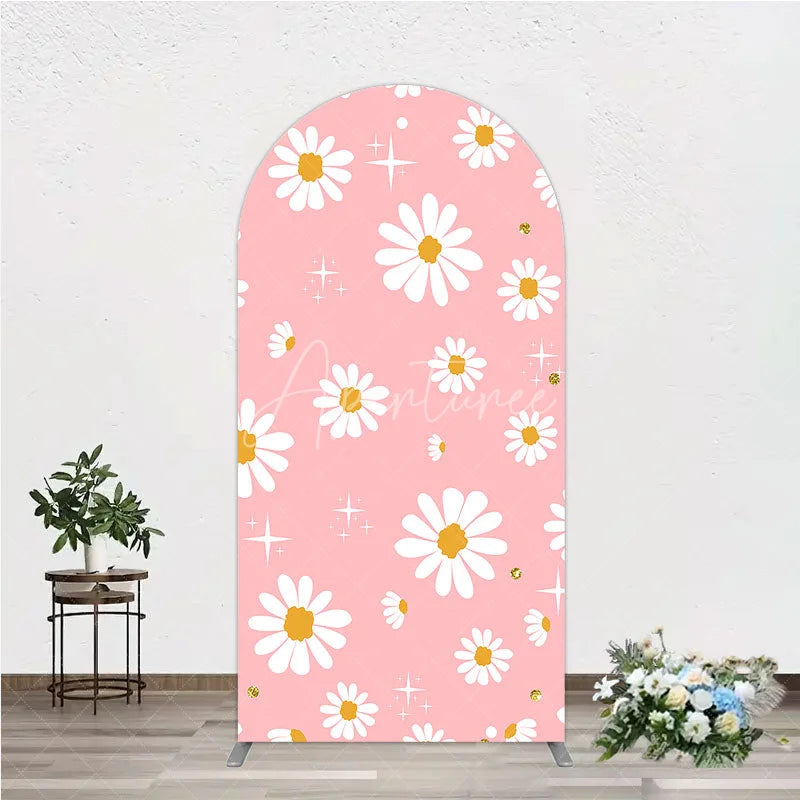 Aperturee - Aperturee Pink Daisy Floral Round Top Arch Backdrop with White Flowers and Gold Glitter Sparkles Sweet Celebration Decor