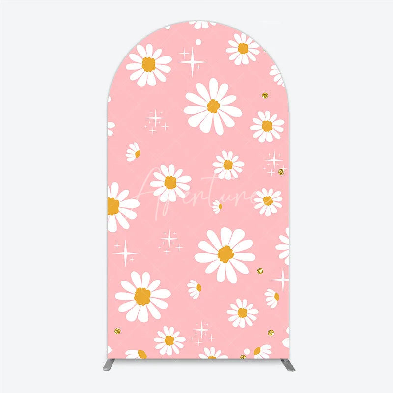 Aperturee - Aperturee Pink Daisy Floral Round Top Arch Backdrop with White Flowers and Gold Glitter Sparkles Sweet Celebration Decor