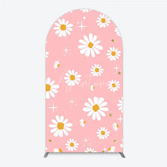 Aperturee - Aperturee Pink Daisy Floral Round Top Arch Backdrop with White Flowers and Gold Glitter Sparkles Sweet Celebration Decor