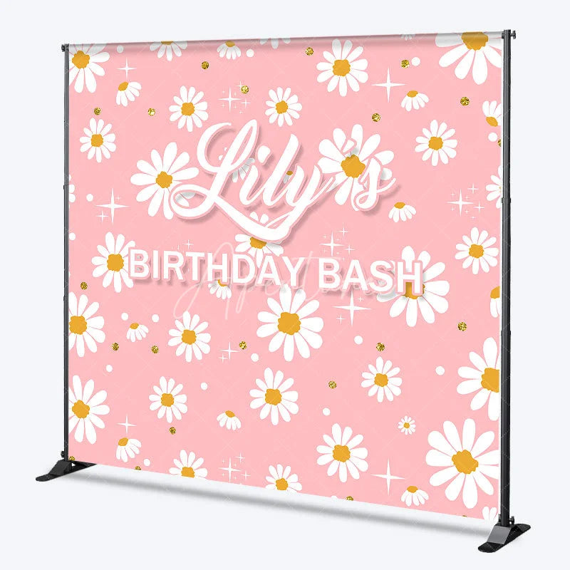 Aperturee - Aperturee Pink Daisy Flowers Custom Backdrop with Gold Glitter and Stars Personalized Name Birthday Party Decor
