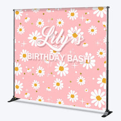 Aperturee - Aperturee Pink Daisy Flowers Custom Backdrop with Gold Glitter and Stars Personalized Name Birthday Party Decor