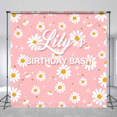 Aperturee - Aperturee Pink Daisy Flowers Custom Backdrop with Gold Glitter and Stars Personalized Name Birthday Party Decor