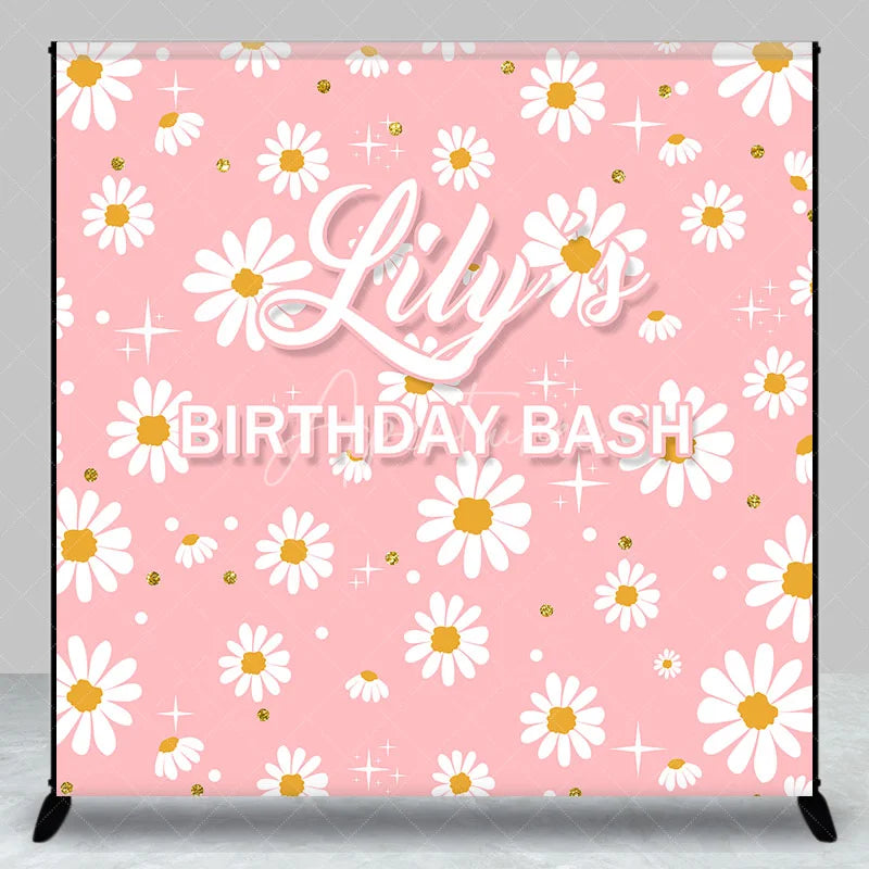 Aperturee - Aperturee Pink Daisy Flowers Custom Backdrop with Gold Glitter and Stars Personalized Name Birthday Party Decor