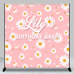 Aperturee - Aperturee Pink Daisy Flowers Custom Backdrop with Gold Glitter and Stars Personalized Name Birthday Party Decor