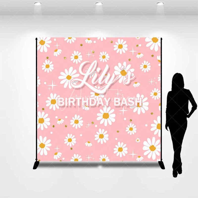 Aperturee - Aperturee Pink Daisy Flowers Custom Backdrop with Gold Glitter and Stars Personalized Name Birthday Party Decor