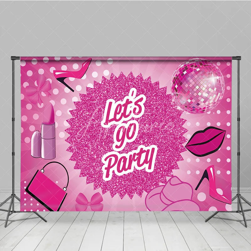 Aperturee - Aperturee Pink Disco Ball Dance Party Backdrop Lets Go Party Glitter High Heels and Lipstick Background Girly Birthday