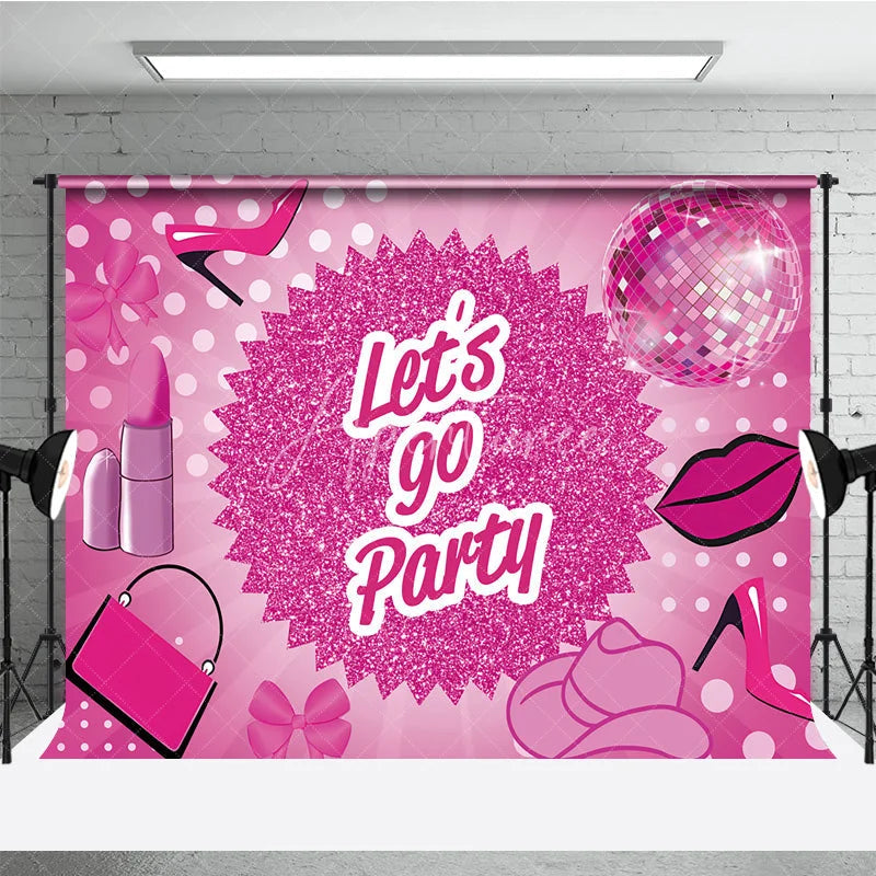 Aperturee - Aperturee Pink Disco Ball Dance Party Backdrop Lets Go Party Glitter High Heels and Lipstick Background Girly Birthday