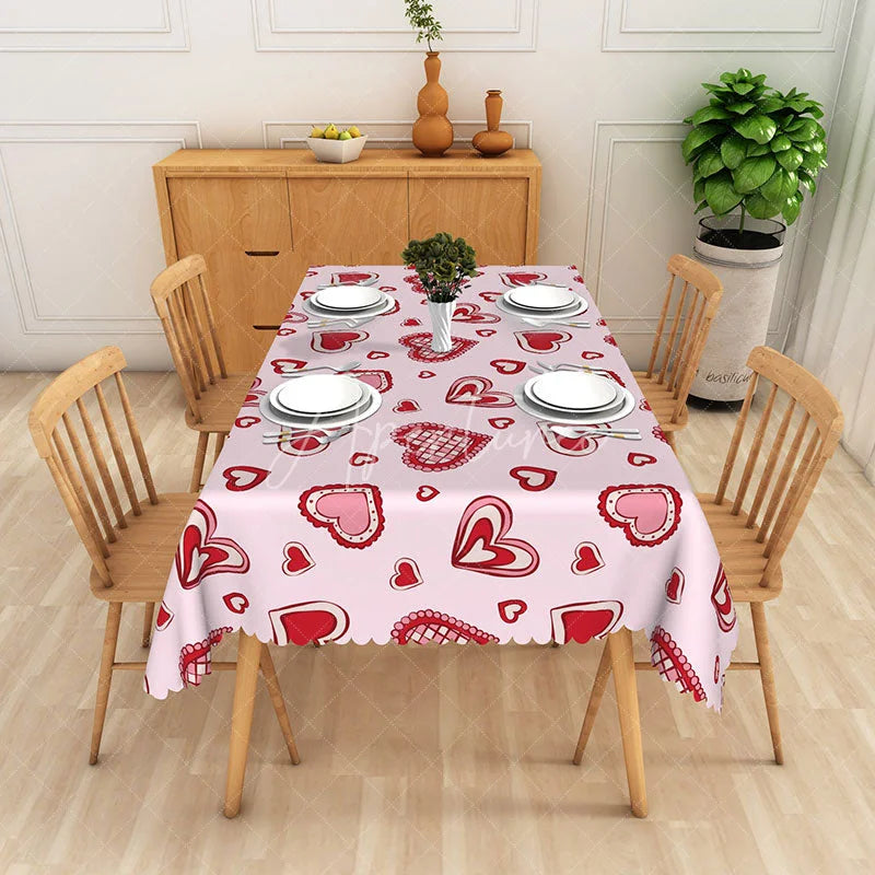Aperturee - Aperturee Pink Doodle Heart Rectangle Tablecloth Sketchy Red White Love Table Cover Cute Valentine Day Home Decor