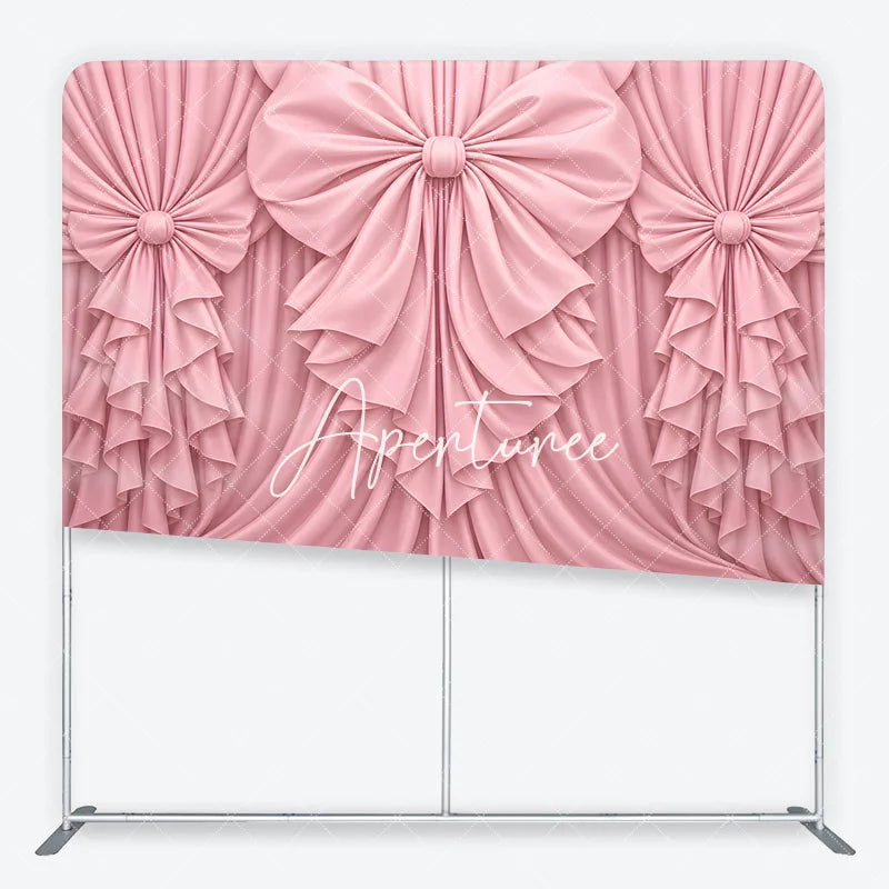 Aperturee - Aperturee Pink Fabric Draped Bows Ruffles Square Double-Sided Backdrop Elegant Romantic Party Decoration.