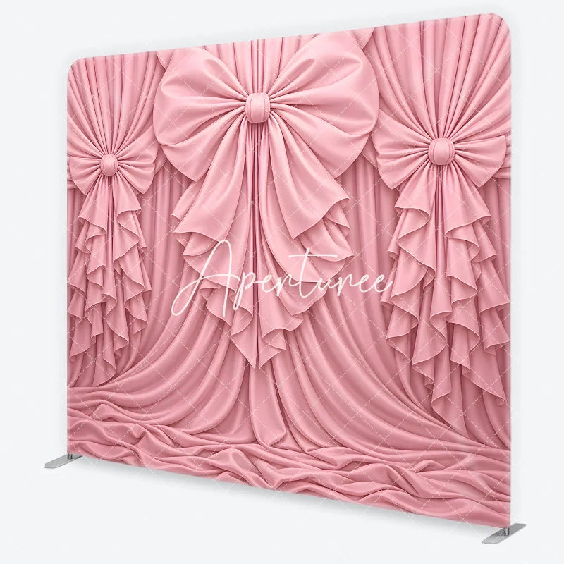 Aperturee - Aperturee Pink Fabric Draped Bows Ruffles Square Double-Sided Backdrop Elegant Romantic Party Decoration.