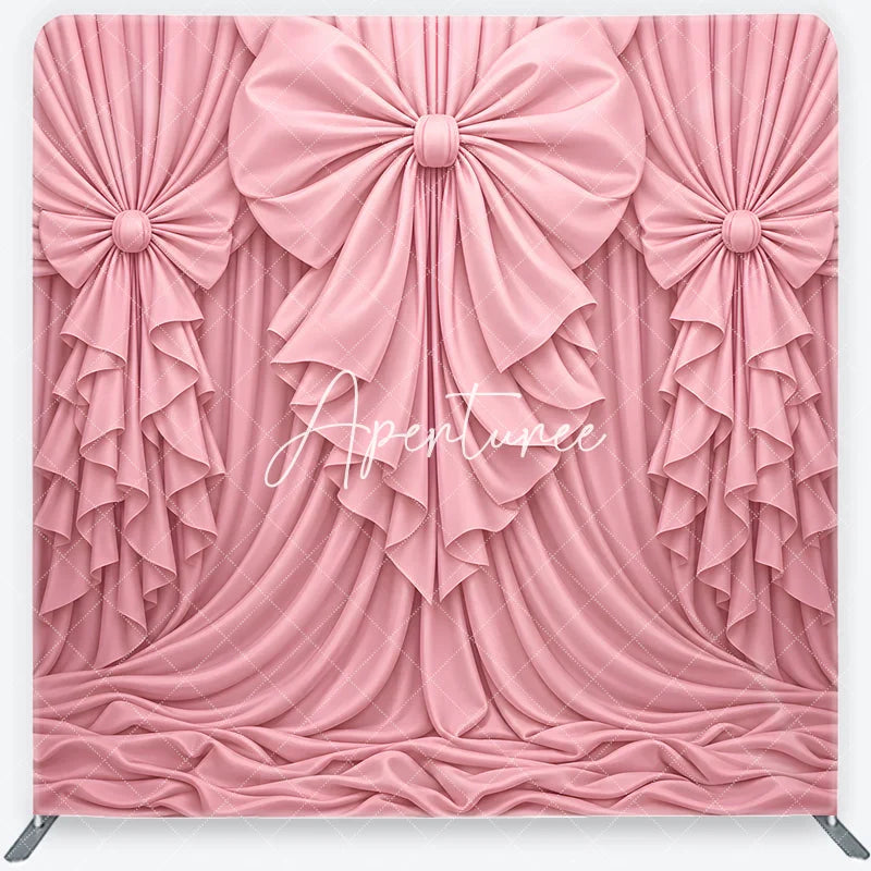 Aperturee - Aperturee Pink Fabric Draped Bows Ruffles Square Double-Sided Backdrop Elegant Romantic Party Decoration.