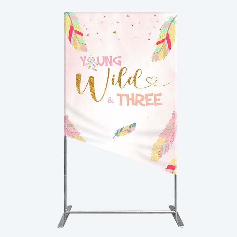 Aperturee - Aperturee Pink Feather Young Wild Three Birthday Rectangle Backdrop