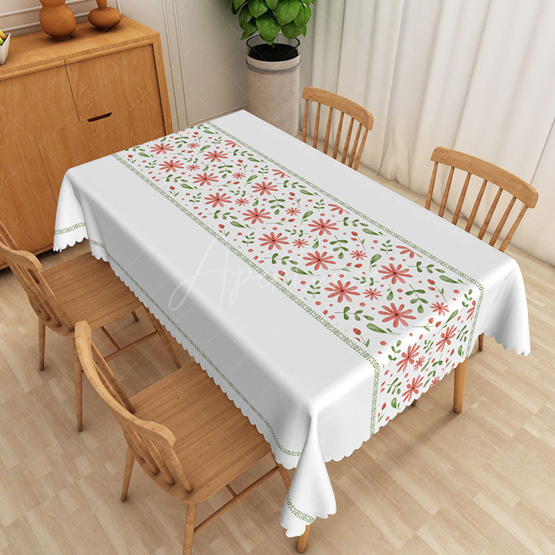 Aperturee - Aperturee Pink Floral and Green Leaf Rectangle Tablecloth for Spring Garden Party Wedding or Bridal Shower