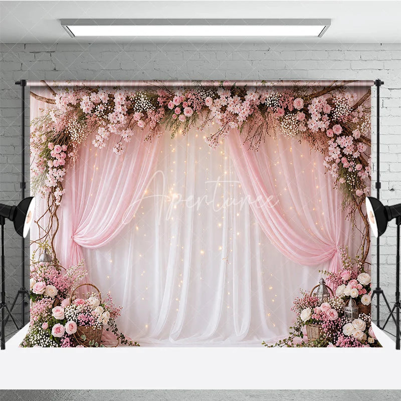 Aperturee - Aperturee Pink Floral Arch and Sheer Drapes Photography Backdrop with Twinkling Fairy Lights Romantic Wedding Party Decor