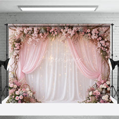 Aperturee - Aperturee Pink Floral Arch and Sheer Drapes Photography Backdrop with Twinkling Fairy Lights Romantic Wedding Party Decor