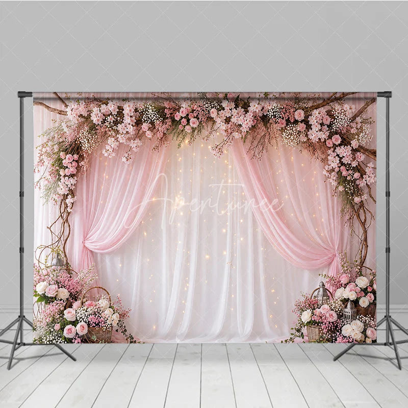 Aperturee - Aperturee Pink Floral Arch and Sheer Drapes Photography Backdrop with Twinkling Fairy Lights Romantic Wedding Party Decor