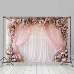Aperturee - Aperturee Pink Floral Arch and Sheer Drapes Photography Backdrop with Twinkling Fairy Lights Romantic Wedding Party Decor