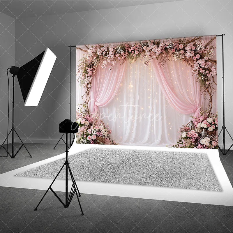 Aperturee - Aperturee Pink Floral Arch and Sheer Drapes Photography Backdrop with Twinkling Fairy Lights Romantic Wedding Party Decor