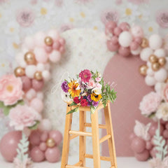 Aperturee - Aperturee Pink Floral Arch Backdrop Pastel Balloon and Rose Flower Garden Photography Background for Girls Baby Shower