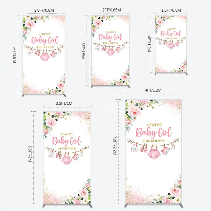 Aperturee - Aperturee Pink Floral Baby Girl Is On Her Way Rectangle Arch Backdrop Sweet Clothesline Design for Shower Party