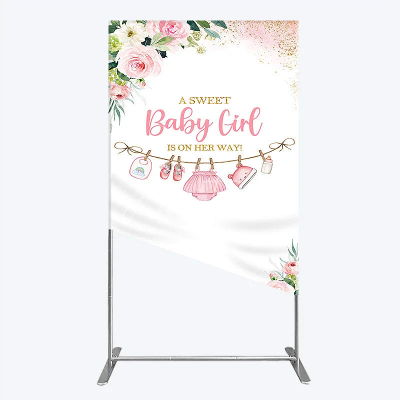 Aperturee - Aperturee Pink Floral Baby Girl Is On Her Way Rectangle Arch Backdrop Sweet Clothesline Design for Shower Party
