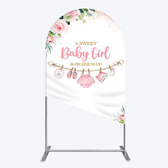 Aperturee - Aperturee Pink Floral Baby Girl Is On Her Way Round Top Arch Backdrop with Baby Clothesline and Golden Glitter
