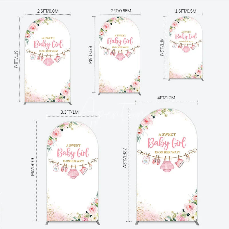 Aperturee - Aperturee Pink Floral Baby Girl Is On Her Way Round Top Arch Backdrop with Baby Clothesline and Golden Glitter