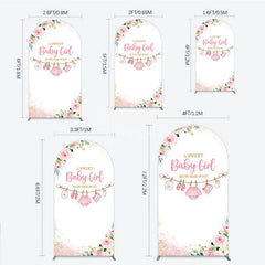 Aperturee - Aperturee Pink Floral Baby Girl Is On Her Way Round Top Arch Backdrop with Baby Clothesline and Golden Glitter