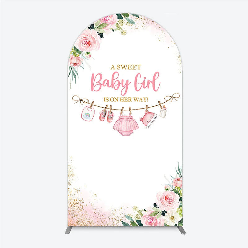 Aperturee - Aperturee Pink Floral Baby Girl Is On Her Way Round Top Arch Backdrop with Baby Clothesline and Golden Glitter
