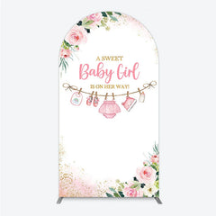 Aperturee - Aperturee Pink Floral Baby Girl Is On Her Way Round Top Arch Backdrop with Baby Clothesline and Golden Glitter