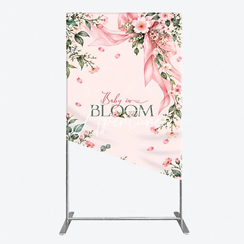 Aperturee - Aperturee Pink Floral Baby in Bloom Rectangle Arch Backdrop with Ribbon and Falling Petals Baby Shower Birthday Party Decor
