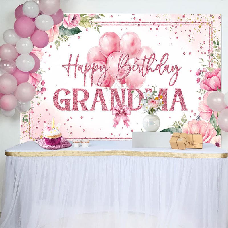 Aperturee - Aperturee Pink Floral Balloons Grandma Happy Birthday Backdrop