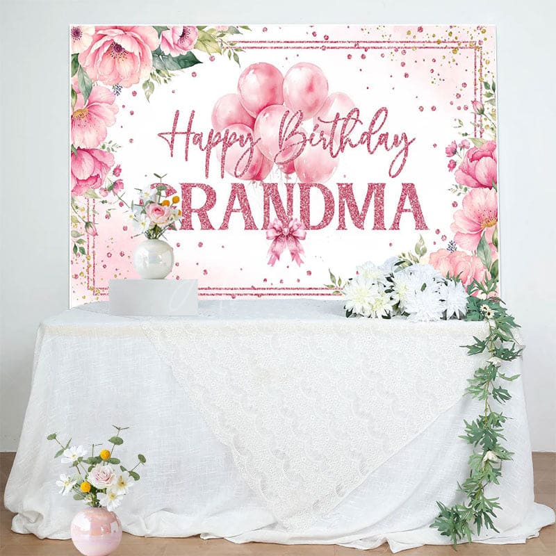 Aperturee - Aperturee Pink Floral Balloons Grandma Happy Birthday Backdrop