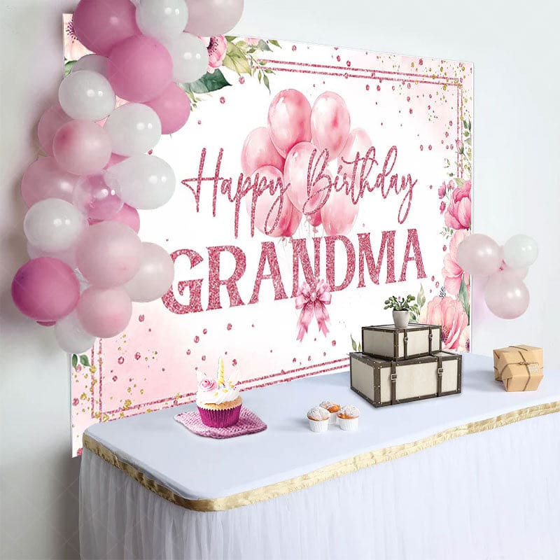 Aperturee - Aperturee Pink Floral Balloons Grandma Happy Birthday Backdrop