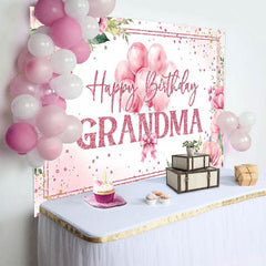Aperturee - Aperturee Pink Floral Balloons Grandma Happy Birthday Backdrop