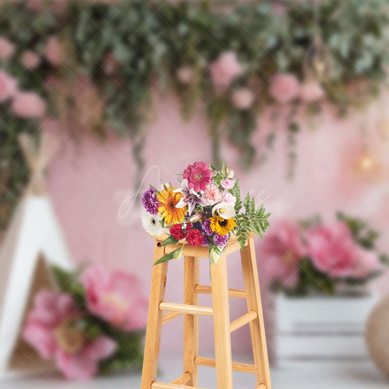 Aperturee - Aperturee Pink Floral Boho Tent Sweet Light Wedding Backdrop