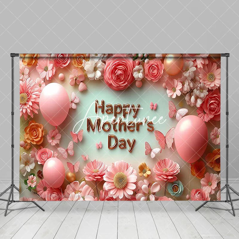 Aperturee - Aperturee Pink Floral Butterfly Balloons Mothers Day Backdrop