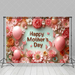 Aperturee - Aperturee Pink Floral Butterfly Balloons Mothers Day Backdrop