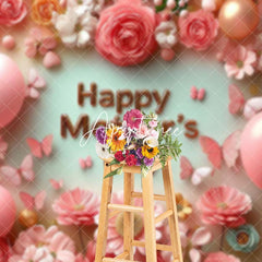 Aperturee - Aperturee Pink Floral Butterfly Balloons Mothers Day Backdrop