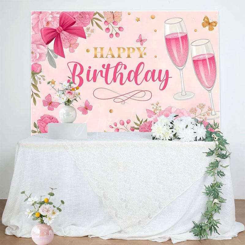 Aperturee - Aperturee Pink Floral Butterfly Cheers To Birthday Backdrop