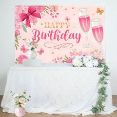 Aperturee - Aperturee Pink Floral Butterfly Cheers To Birthday Backdrop