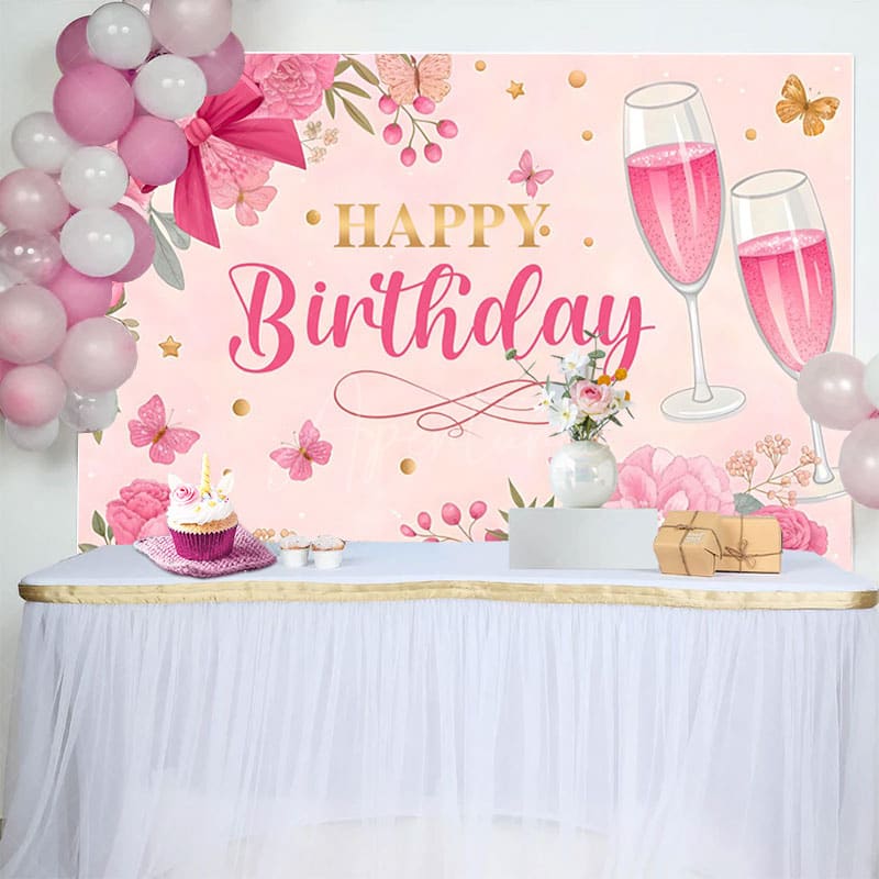 Aperturee - Aperturee Pink Floral Butterfly Cheers To Birthday Backdrop
