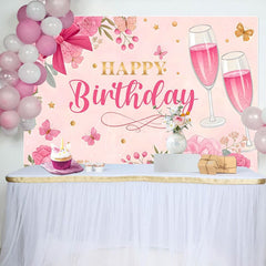 Aperturee - Aperturee Pink Floral Butterfly Cheers To Birthday Backdrop