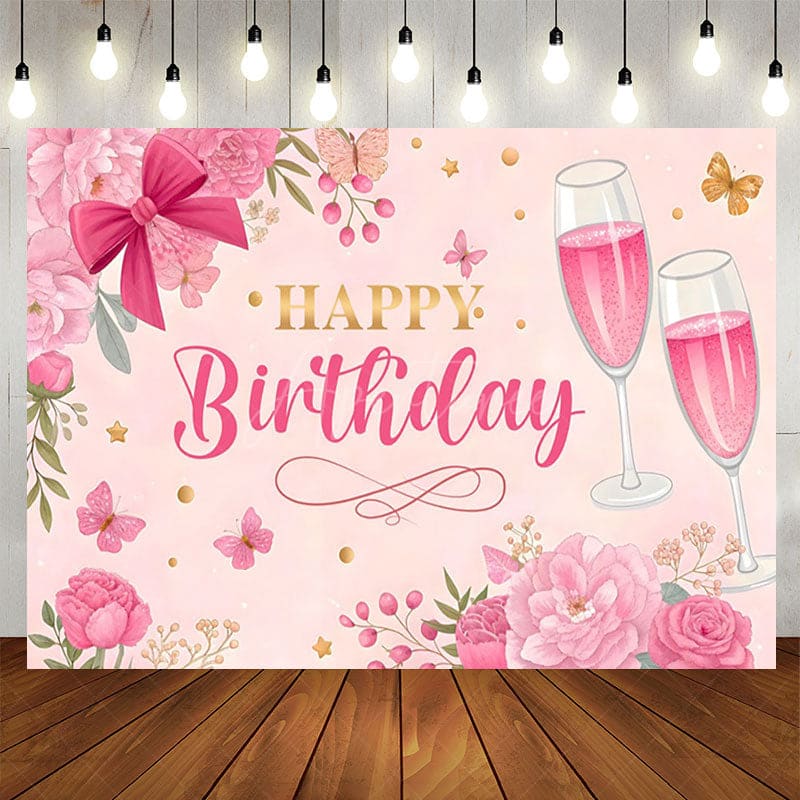 Aperturee - Aperturee Pink Floral Butterfly Cheers To Birthday Backdrop