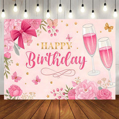 Aperturee - Aperturee Pink Floral Butterfly Cheers To Birthday Backdrop