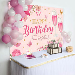 Aperturee - Aperturee Pink Floral Butterfly Cheers To Birthday Backdrop