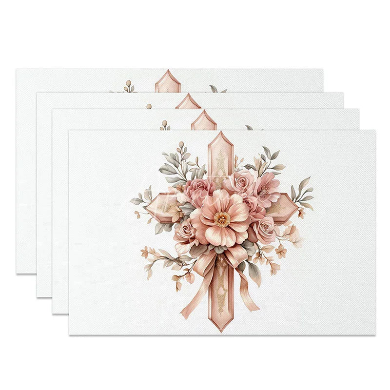 Aperturee - Aperturee Pink Floral Cross Set of 4 Placemats Elegant Rose Ribbon Holy Religious Table Mats Baptism First Communion Decor