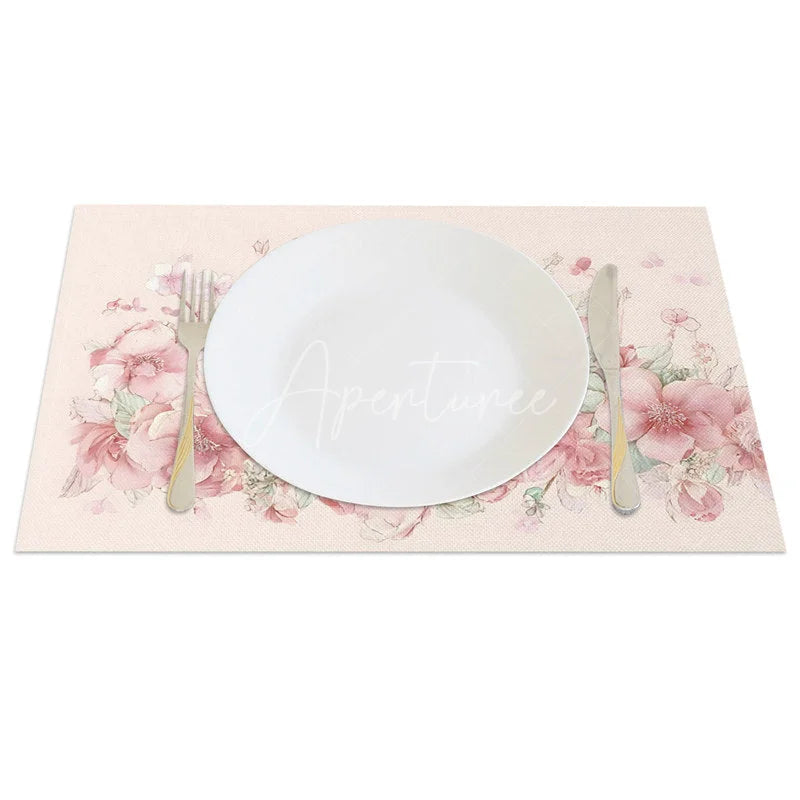Aperturee - Aperturee Pink Floral Easter Bunny Set of 4 Placemats Cute Rabbit Spring Flower Table Mats for Dining Room