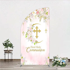 Aperturee - Aperturee Pink Floral First Holy Communion Half Moon Arch Backdrop Elegant Gold Glitter Cross Religious Decor