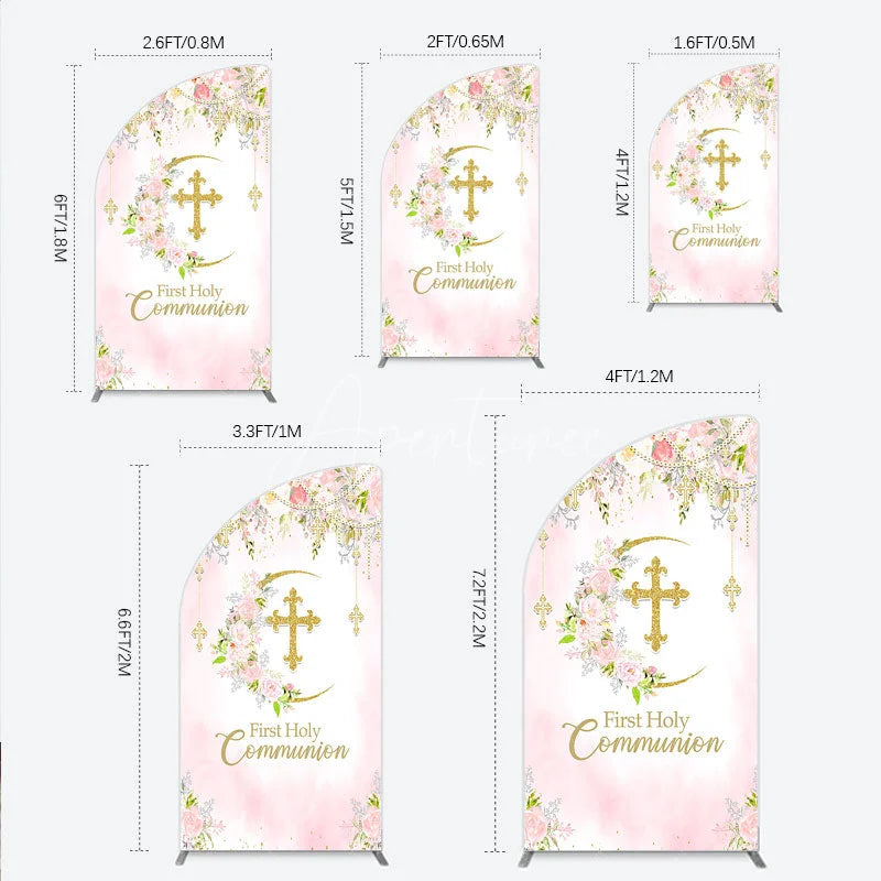 Aperturee - Aperturee Pink Floral First Holy Communion Half Moon Arch Backdrop Elegant Gold Glitter Cross Religious Decor